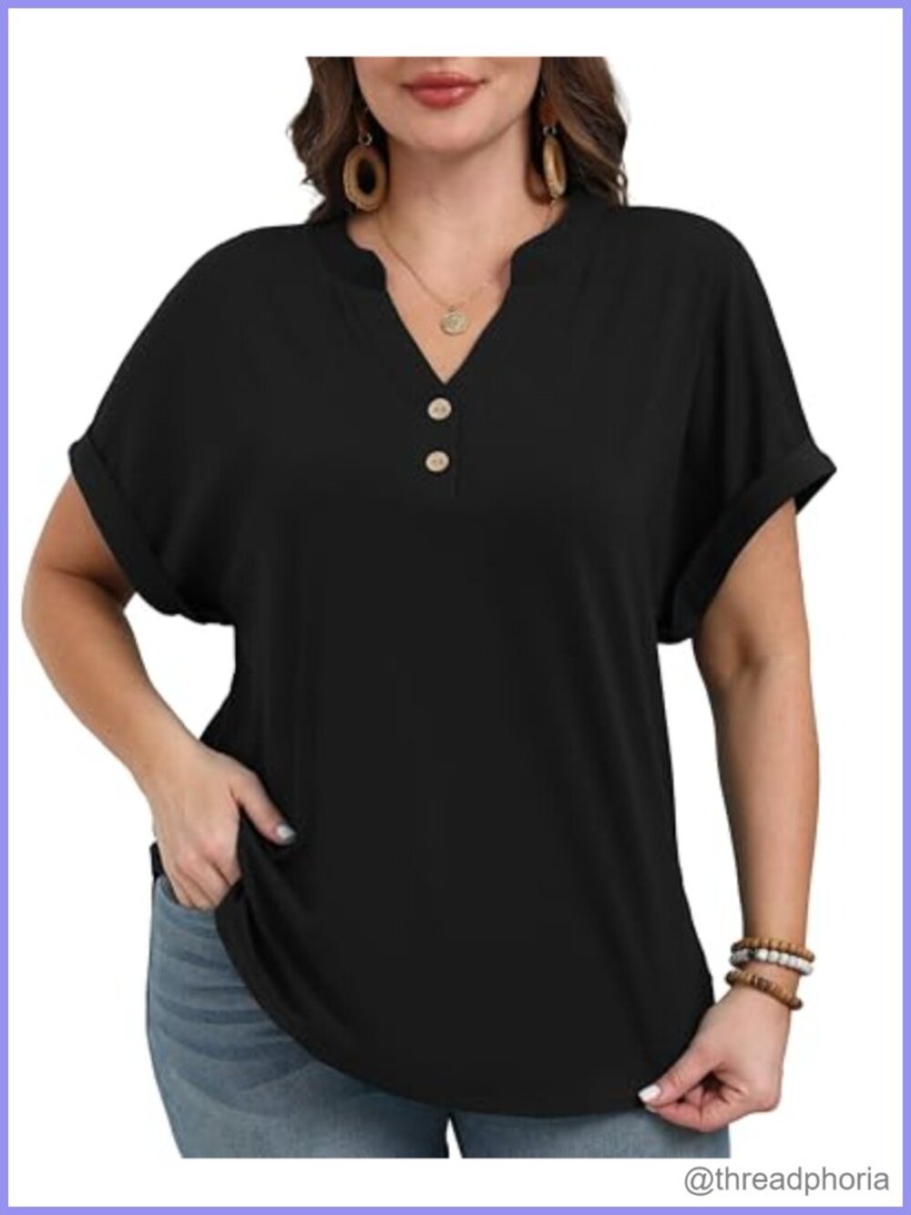 Womens Plus Size Henley Tunic Top Short Sleeve V Neck Loose Fit Blouse